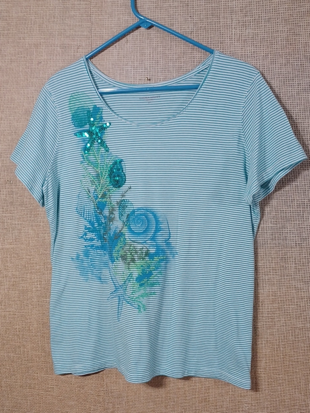 Laura Scott Light Blue Striped Tee with Turquoise Floral Embellishment